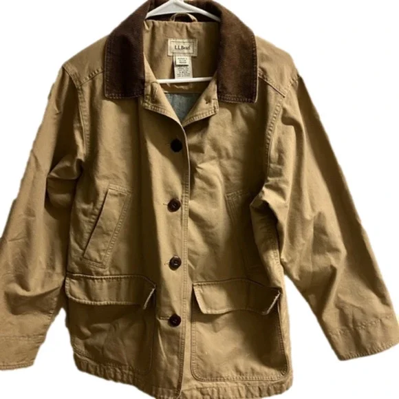 LL Bean Chore Barn Corduroy Trim Khaki Tan Jacket Flannel Lined womens M Petite - Picture 1 of 7
